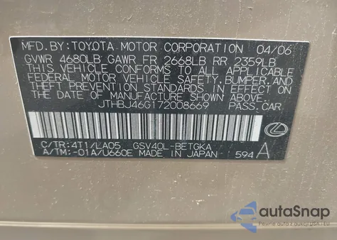 2007 Lexus Es 350 z USA, uszkodzony, nr VIN JTHBJ46G172008669